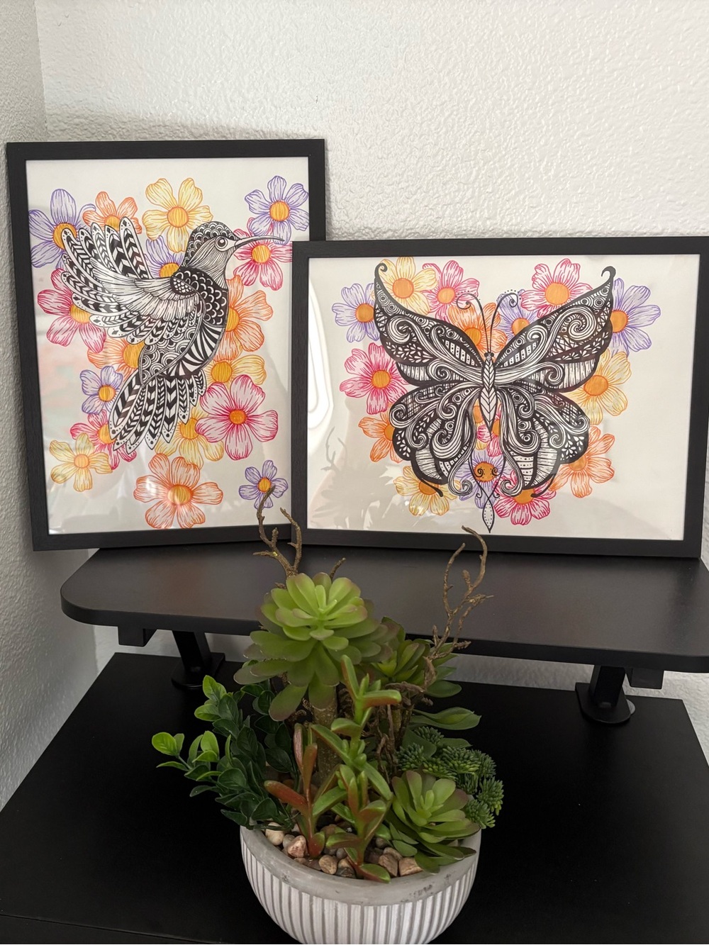 Handcrafted Framed Floral Hummingbird and Butterfly Wall Art Prints - Original